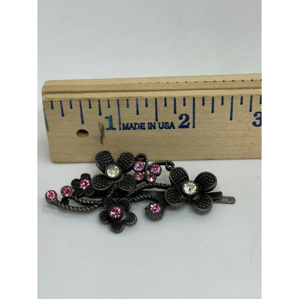 VTG Hair Clip Black Pink Floral Rhinestone Crystal Bobby Pin Accessory